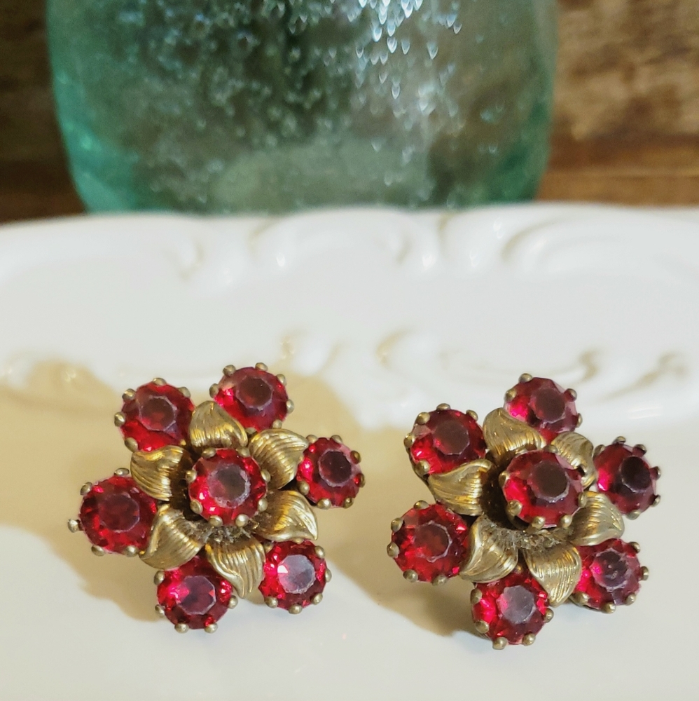 Large Antique Carved Glass Floral Clip Earrings